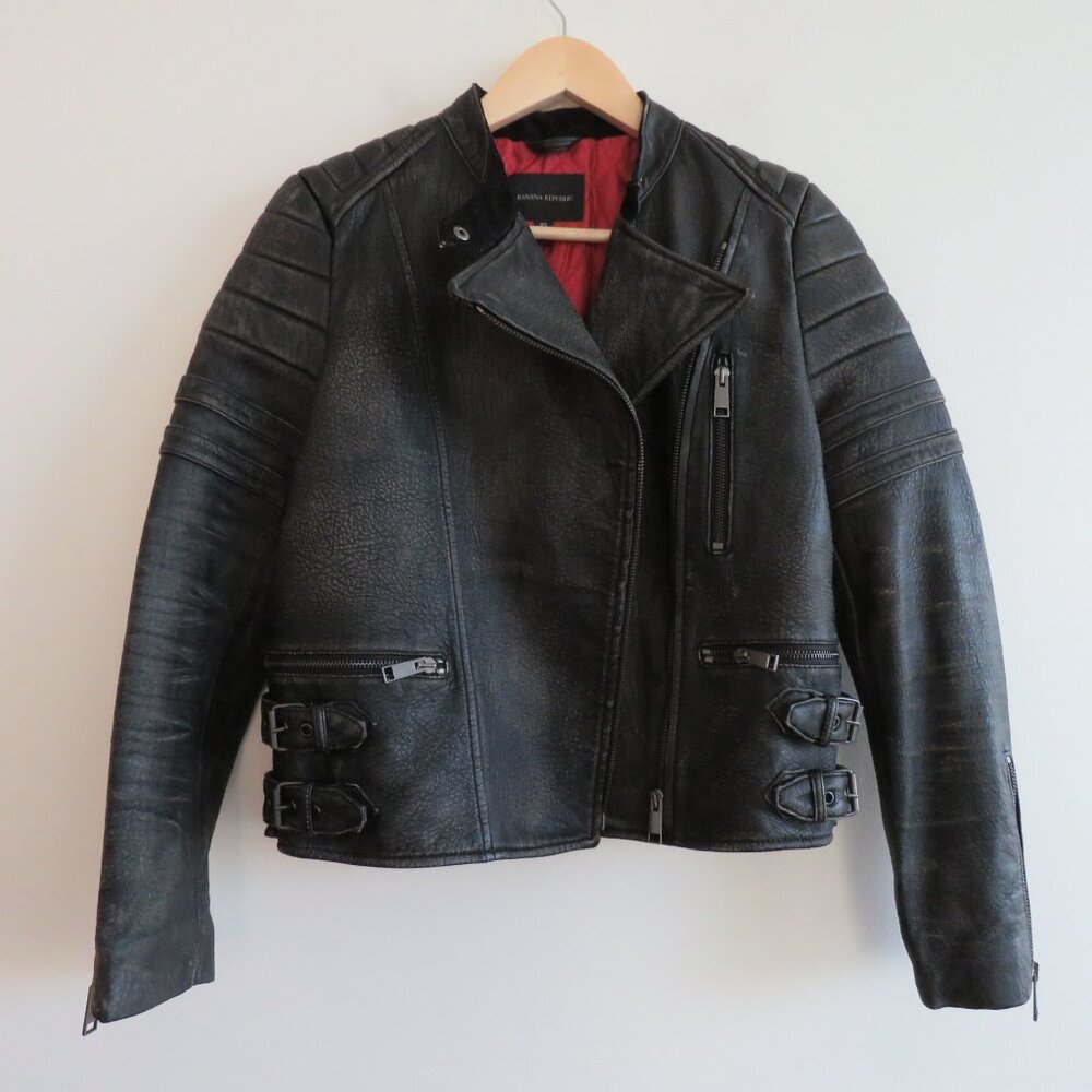 BANANA REPUBLIC Faded Black Lamb Leather Moto Jacket - Size XS - Picture 2 of 16